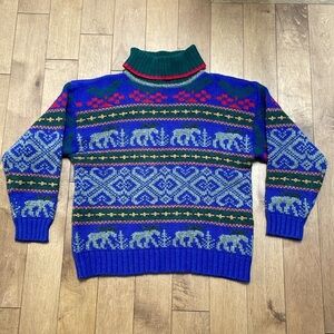 EDDIE BAUER Womens Sweater L Nordic Moose 100% Wool Turtleneck 1992 Vintage